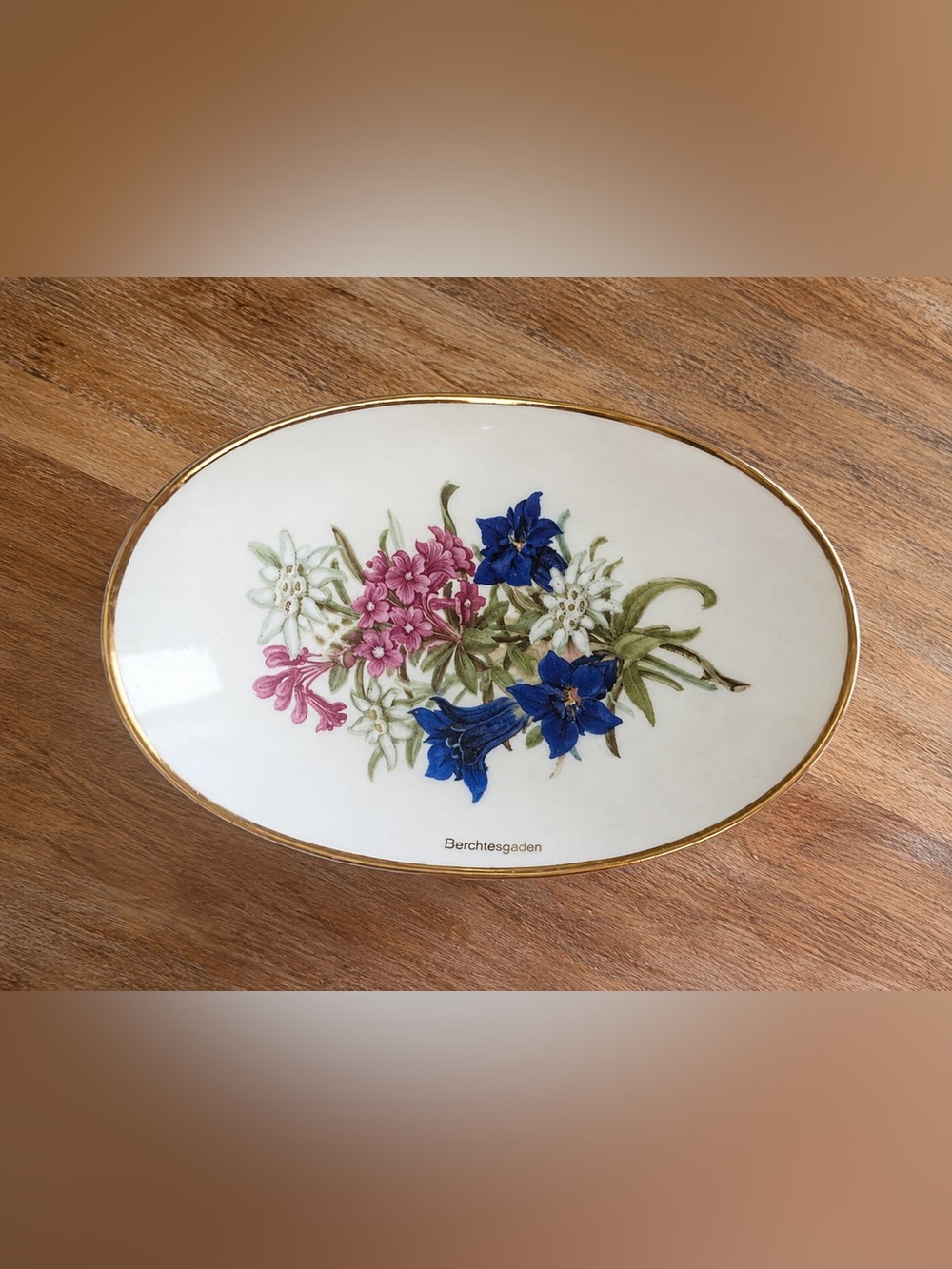 Vintage Bavaria Porcelain Berchtesgaden Edelweiss Floral Dish w/ Brass Holder